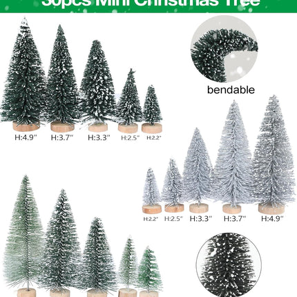 HMASYO 30Pcs Mini Christmas Trees Christmas Decorations, Bottle Brush Trees Christmas Village Flocked Trees in 5 Size with Wooden Base, Small Christmas Tree for Party Home Office Tabletop Craft