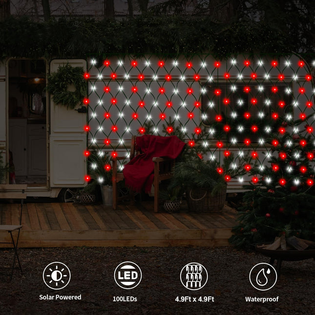 Red White Solar Powered LED Net Lights 5Ft x 5Ft,100 LEDs Christmas Bush Net Lights Solar Christmas Candy Cane Red White Net Lights,8 Modes Christmas Net Lights Solar for Christmas Outdoor Decoration