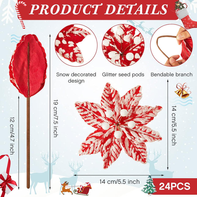 Red White Poinsettia Artificial Christmas Flowers Decoration Christmas Flowers Snow Spray Christmas Tree Picks Decorative Christmas Flower Stem for Xmas Wreath Decorations(24 Pieces,5.5 Inches)