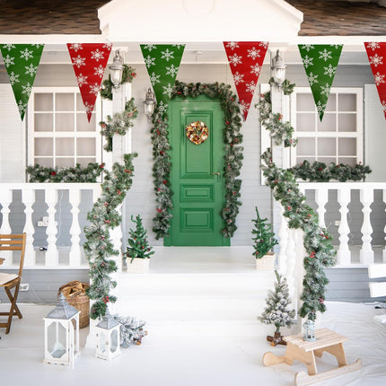 100FT Christmas Plastic Flags, Holiday Pennant Banner, Green and Red Garland with White Snowflakes, Xmas Decoration Triangle Flags, Winter Decoration Bunting Banner, by Bashout