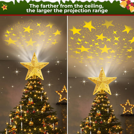 Christmas Tree Topper Lighted with 8 Projection Modes, Christmas Tree Star Topper Built-in LED Rotating Projector Lights, 3D Hollow Lighted Tree Topper Glitter Christmas Tree Decorations (Gold)
