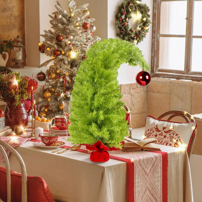 Whimsical Table Top Small Christmas Tree, 2 FT Bendable Lime Green Christmas Tree with Lights and Red Ball, Artificial Tabletop Christmas Tree for Home Office Holiday Party Decoration