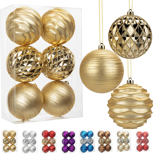 4.3" Large Christmas Balls Ornaments Set for Tree, 6-Pack Xmas Tree Decorations Balls, Shatterproof Glossy Pendant Plastic Indoor Christmas Decorations, Gold Assorted Hanging Balls for Holiday, Party