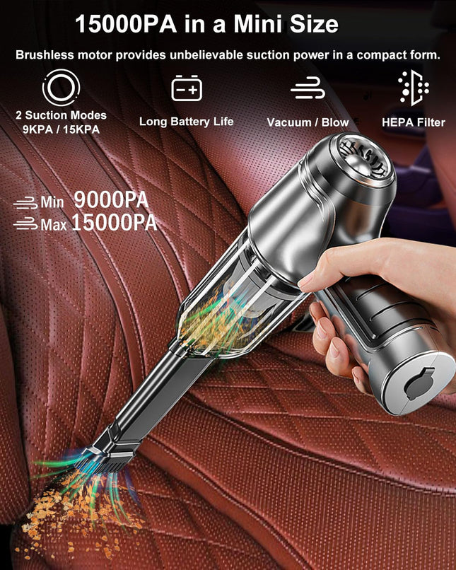 Car Vacuum Cleaner 15000Pa High Power Wireless Handheld Vacuum, 3 In 1 Multifunctional Cordless Vacuum With Brushless Motor, Portable Mini Vacuum Cleaner Rechargeable For Car Detailing, Home
