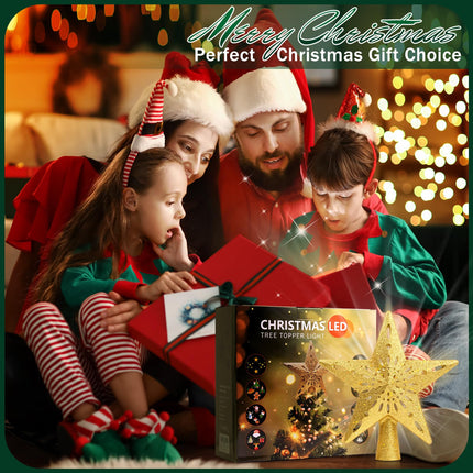 Christmas Tree Topper Lighted with 8 Projector Patterns Modes, Christmas Tree Star Topper LED Rotating Lights, 3D Glitter Lighted Tree Topper for Party Holiday Christmas Decorations (Gold)