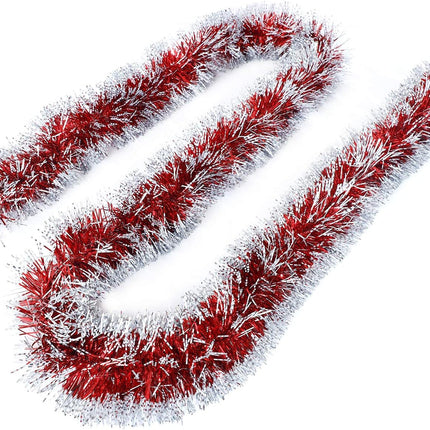 25ft Christmas Tinsel Garland, Christmas Tree Ornaments Home Party Classic Shiny Sparkly Ceiling Hanging Decorations, 4 inch Wide Filaments Red Silver Edge.