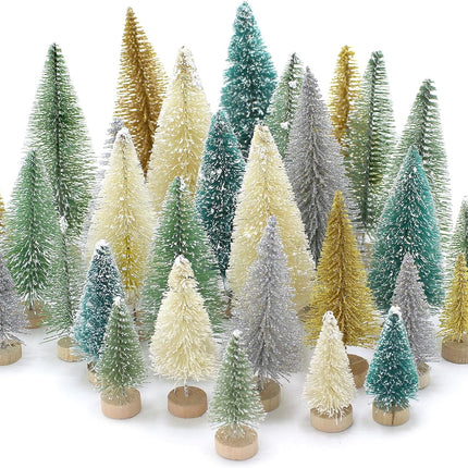 30PCS Bottle Brush Christmas Trees Mini Bottle Brush Trees with Wood Base Tabletop Small Christmas Village Tree, Xmas Holiday Decor