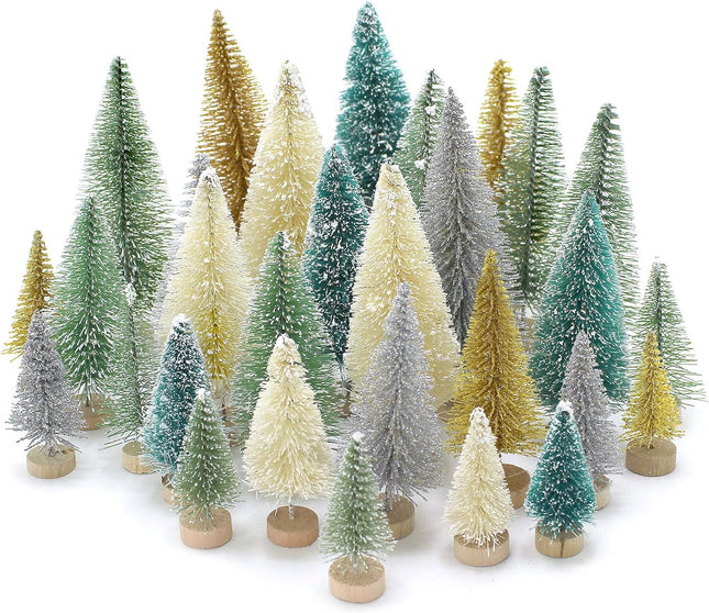 30PCS Bottle Brush Christmas Trees Mini Bottle Brush Trees with Wood Base Tabletop Small Christmas Village Tree, Xmas Holiday Decor