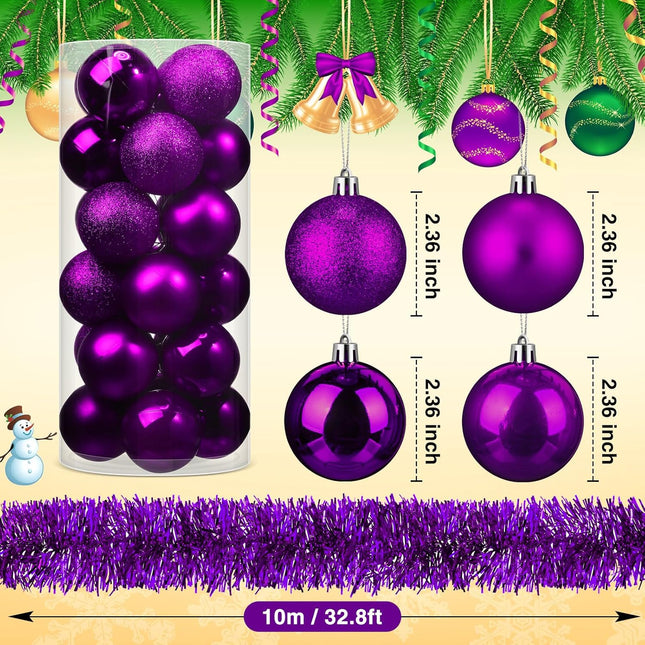 33 ft Christmas Tinsel Garland with 24 Pcs 2.3" Christmas Ball Ornaments Metallic Twist Garland Christmas Tree Decorations for Xmas Wedding Birthday (Purple)
