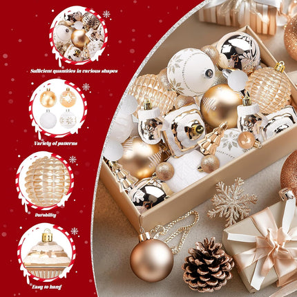 FestiveBliss Christmas Ornaments, 42 Pcs Christmas Decoration Balls or Xmas Tree Ornaments, Shatterproof Plastic Christmas Balls for Holiday Wreath Garland Decor, (Gold & White)