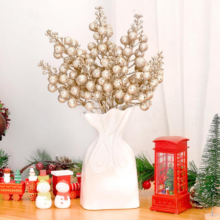 Champagne Gold Ornaments for Christmas Tree Decorations,36 Pack Christmas Tree Picks, Artificial Glitter Berries Stems, Champagne Gold Christmas Tree Stems for Christmas Tree Topper, Filler, Wreath