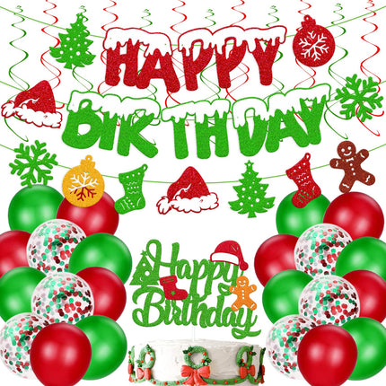 Christmas Birthday Decoration Happy Birthday Banner Christmas Cake Topper Red Green Hanging Swirls Balloons for Merry Christmas Tree Winter Snow Happy Year Theme Party Supplies