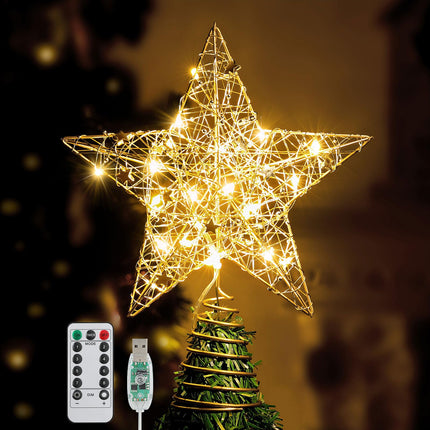 Christmas Star Tree Topper with 8 Lighting Modes, USB Lighted Tree Topper with 20 LED Lights, Shiny Treetop Christmas Tree Decoration for Indoor Outdoor Holiday Home Ornament , 9.8 Inch(H)