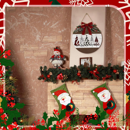 Boao Christmas Door Sign Merry Christmas Welcome Hanging Wall Sign for Front Door 11.8'' Round Xmas Tree Christmas Wreath Wooden Porch Sign with Bow Porch Farmhouse Home Wall Decor(Novel)
