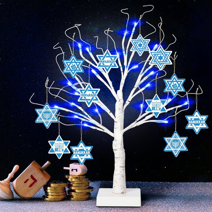 24'' Hanukkah LEDs Lighted Birch Tree with 12pcs Ornaments,Blue Lights Tabletop Pre Lit Tree Light for Christmas Hanukkah Decor