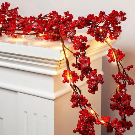 Tigeen 12ft Christmas Red White Pink Berry Garland with Light Prelit Christmas Artificial Pip Garland Decoration with 2 Meters LED Light for Valentine Spring Wedding Party Supplies(Red)