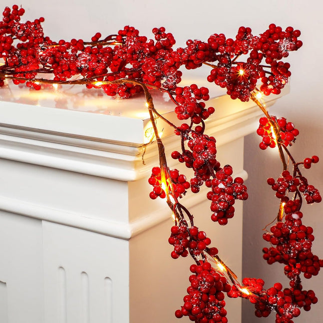 Tigeen 12ft Christmas Red White Pink Berry Garland with Light Prelit Christmas Artificial Pip Garland Decoration with 2 Meters LED Light for Valentine Spring Wedding Party Supplies(Red)