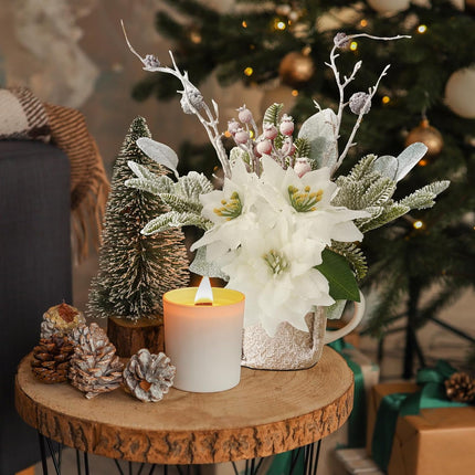 Artificial Poinsettias Christmas Flowers with Red Berry Pine Cone Branches Linen Base,12” Faux Poinsettias Plants for Home Office Table Fireplace Winter Indoor Christmas Decorations White