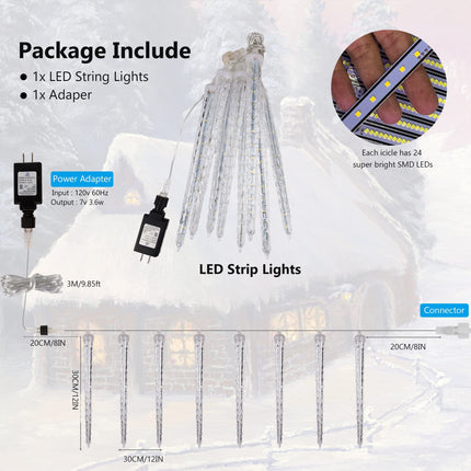 WATERGLIDE Meteor Shower Lights, 12" Outdoor Icicle Christmas Lights 8 Icicles 192 SMD LED Crystal Ice Falling Lights, Connectable Raindrop Iciclelight, Xmas Winter Party Tree Holiday Decor, White
