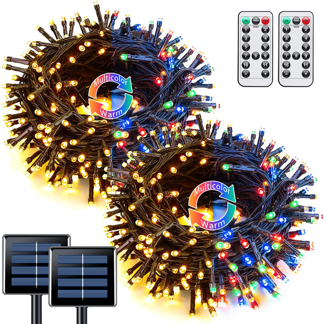 JMEXSUSS 2 Pack Warm White & Multicolor Solar Christmas Lights with 11 Modes Remote, Each 100 LED 42.7ft Solar Color Changing Lights Outdoor Waterproof for Christmas Halloween Decorations