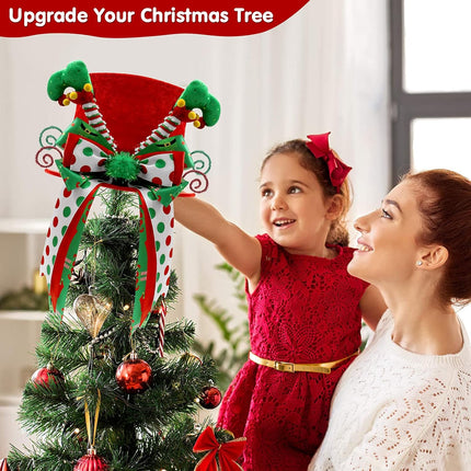 Christmas Elf Tree Topper Red Hat with Handmade Bows Elf Leg Ornament Winter Holiday Santa Home Decoration Xmas Wreath Festive Ideas Supplies