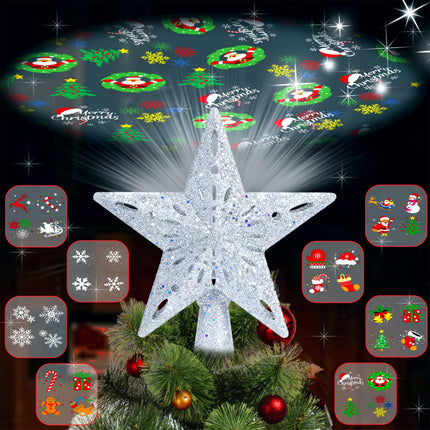 Christmas Tree Topper Lighted with 8 Projection Modes, Christmas Star Tree Topper Built-in LED Rotating Lights, 3D Silver Star Tree Top Glitter Projector for Xmas Party Holiday Decorations