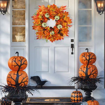22 Inch Fall Wreath for Front Door Outside, ZOXILEN Pumpkin Wreath with Berries Maple Leaves Pine Cones, Fall Harvest Wreaths Autumn Farmhouse Wreath for Thanksgiving Christmas Indoor Outdoor Decor