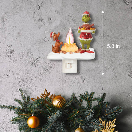 Grinnch Christmas Decorations, Ghost Campfire Flickering Nightlight Grinnch Holding Food Ornaments, Christmas Night Lights Plug into Wall Decorations for Wall Party Bedroom Living Room Hallway