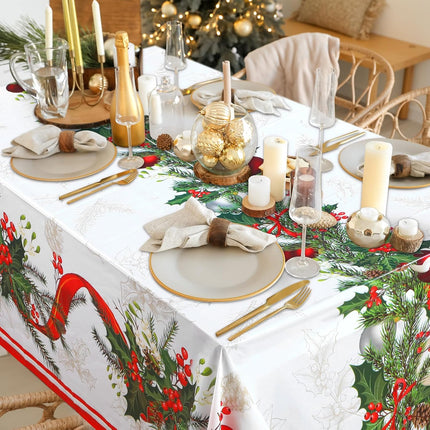 6 Pcs Christmas Plastic Disposable Tablecloth 108 x 54 Inch Holly Berry Ribbon Garland Table Cover Rectangle Christmas Party Table Cloth for Christmas Party Dining Table Supplies