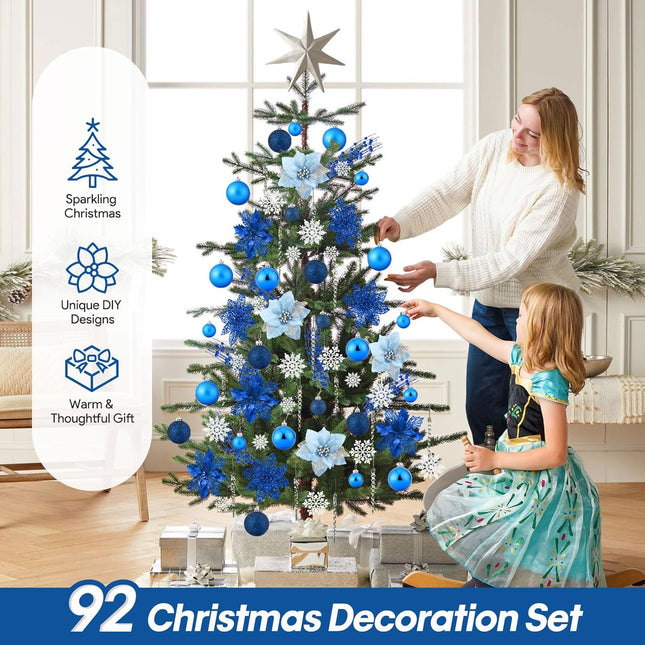 92pcs Christmas Tree Decoration Set, Christmas Ball Ornaments Bulk, Artificial Glitter Poinsettia Flowers, Hanging Crystal Snowflake Drop, Xmas Flowers for Holiday Wedding Year Party Decor (Blue)