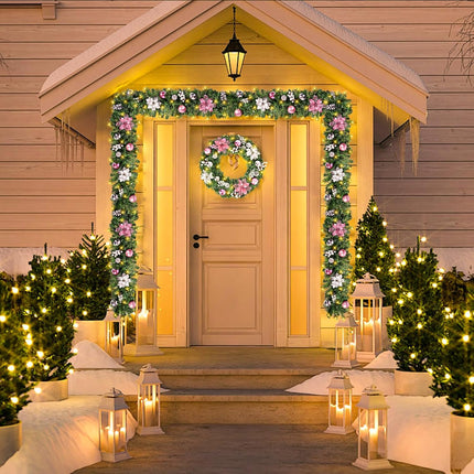 Christmas Garland with LED Lights, 6FT Mentle Garland with Pink Flower and Pine Cones for Christmas Decorations and Holiday Mantle Decor