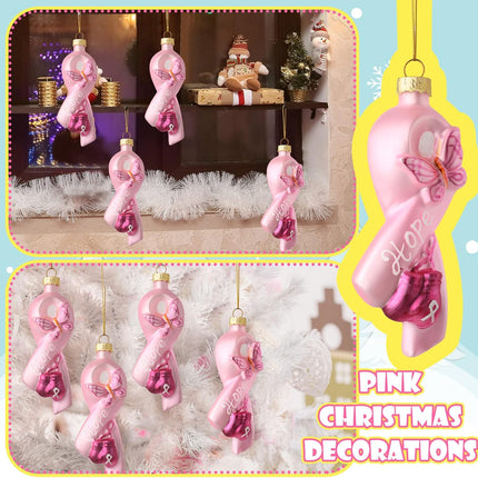 Jetec 4 Pieces Christmas Glass Ornament Breast Cancer Awareness Pink Ribbon Blown Ornament Decoration Hanging Breast Cancer Ornaments for Christmas Tree Pink Hope Ribbon Ornament with Butterfly Gloves