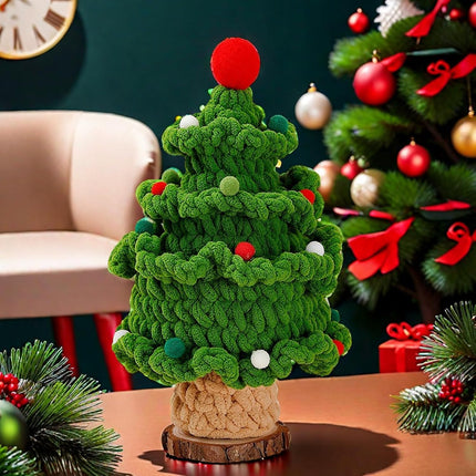 Mini Small Christmas Tree Handcrafted Knit Yarn Tabletop Christmas Trees with Adorable Pom Poms Wood Base Xmas Eve Festive Desktop Decor Cute Warm Holiday Accent Unique Handmade Idea