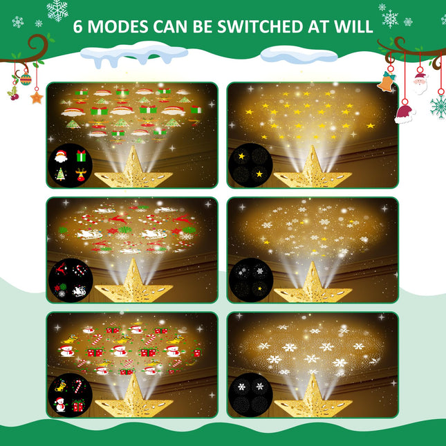 Christmas Tree Topper Lighted with 6 Projection Modes, Plug in Hollowed Pentagram Star Tree Topper Built-in LED Rotating Lights, 3D Glitter Dynamic Projection for Christmas Tree Decor(Gold)
