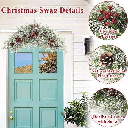 Ileading 25.6inch Artificial Christmas Swag Christmas Door Swag with Pine Needles and Red Berries Snowy Pine Cones Christmas Swag Wreath Mailbox Swag Christmas Decorations for Front Door Window Wall