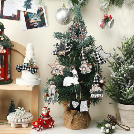 36 Pcs Christmas Wooden Ornaments Christmas Decorations for Tree White and Black Buffalo Plaid Ornaments Gnome Elk Truck Wreath Wood Cutout Winter Christmas Decor for Xmas Tree Home Party