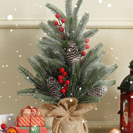 Tabletop Christmas Tree 19 Inch Artificial Mini Christmas Tree Non-Lit Snowy Small Christmas Tree with Pine Cones Red Berries for Christmas Holiday Mantle Table Top Home Indoor Decor