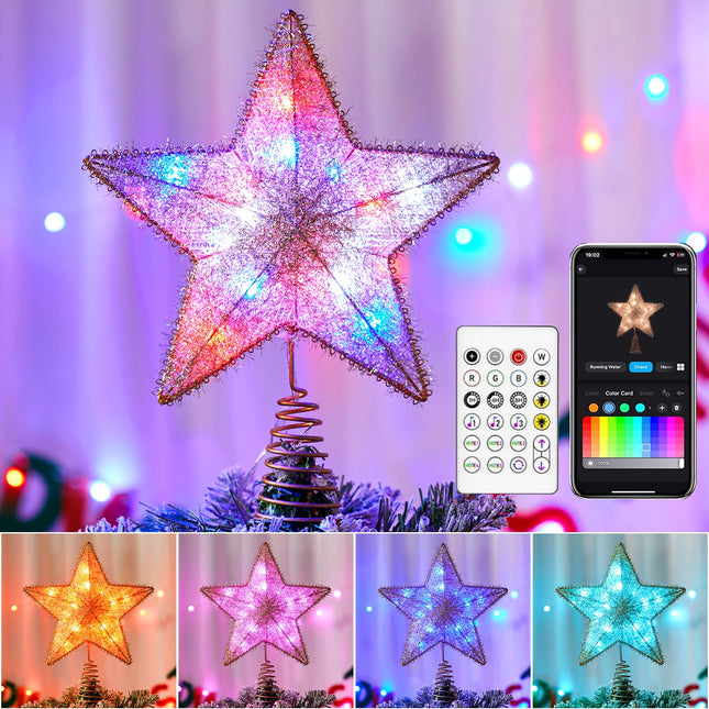 Christmas Star Tree Topper, 19" Static Dynamic Lighted Cotton Thread Pentagram Built-in 15 Bulbs, Multi-Color Topper W/App Control USB Powered Xmas Tree Topper Music Sync Tree Top for Christmas-Gold