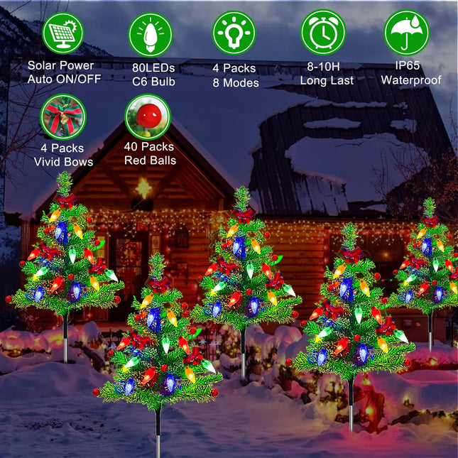 4-Pack Solar Pre-Lit Christmas Tree Lights, 8 Modes Outdoor Waterproof Christmas Decorations for Yard, Garden, Pathway, Porch