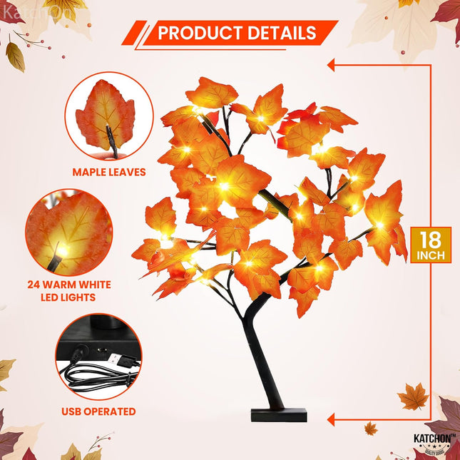 KatchOn, Artificial Maple Tree with Lights - 18 Inch 24 LED Fall Lighted Maple Tree Autumn Trees with Lights, Thanksgiving Decorations Indoor Fall Tree with Lights for Fall Decorations for Home