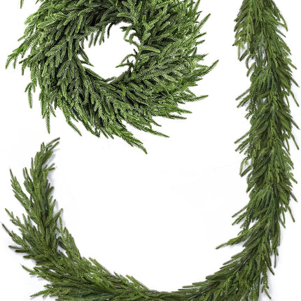 Real Touch Norfolk Pine Christmas Garland and Wreath Set, 24IN Green Wreath and 9FT Christmas Garland Artificial Faux Greenery Norfolk Pine for Holiday Indoor Mantle Decor