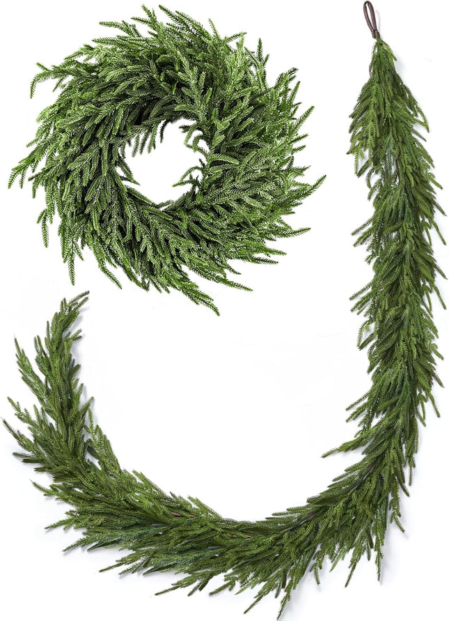Real Touch Norfolk Pine Christmas Garland and Wreath Set, 24IN Green Wreath and 9FT Christmas Garland Artificial Faux Greenery Norfolk Pine for Holiday Indoor Mantle Decor