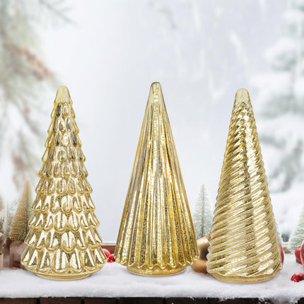 3pcs Lighted Golden Glass Christmas Trees, Glass Christmas Trees, Powered by Batteries，Christmas Table Decorations Lighted Xmas Tree for Living Room Fireplace Tabletop Party