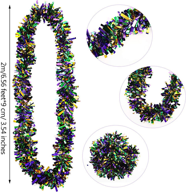 Bbto 39.4 ft Halloween Mardi Gras Tinsel Garland Metallic Tinsel Purple Yellow Green Mixed Color Chunky Glittering Tinsel for Mardi Gras Christmas Party Decoration,6 Pcs