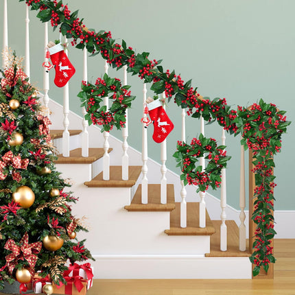 MARTINE MALL Christmas Garland with Red Berry, Artificial Red Berry Greenery Garland, 5.7 FT Red Berries Holly Leaves Christmas Hanging Garlands for Door Garden Stairway Fireplace Christmas Tree Decor