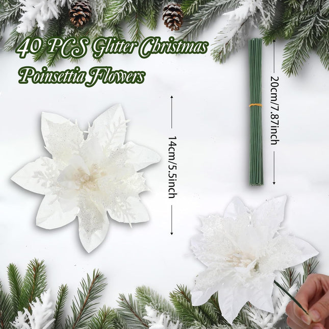 Xinnun 40 Pcs Christmas Tree Decorations 5.5 Inch Poinsettias Artificial Flowers Ornaments Xmas Flowers with Stems for Wedding Party Wreath Decoration Wedding Home(White)