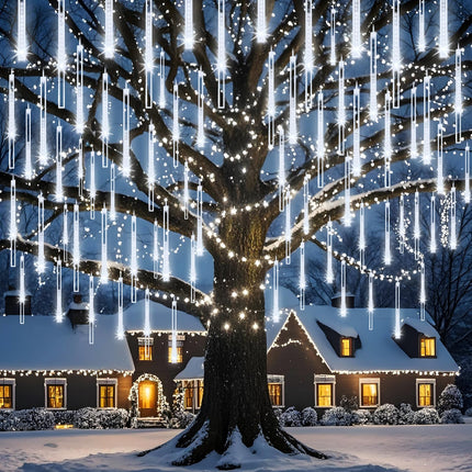 Christmas Lights Outdoor, Meteor Shower Lights 8 Tubes 192LED UL Snow Falling Rain Cascading Icicle Lights for Xmas Tree Christmas Decorations Outdoor Wedding Party Window, White