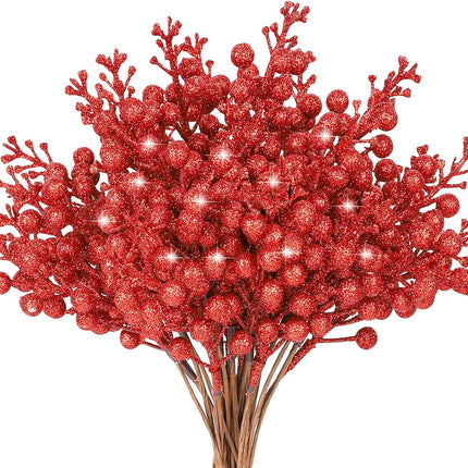 HOHOTIME 36Pcs Christmas Glitter Berries Stems, 9.5 Inch Artificial Christmas Tree Picks for Christmas Tree Decorations Ornaments DIY Crafts Vases Holiday Wedding Home Xmas Decor（Red
