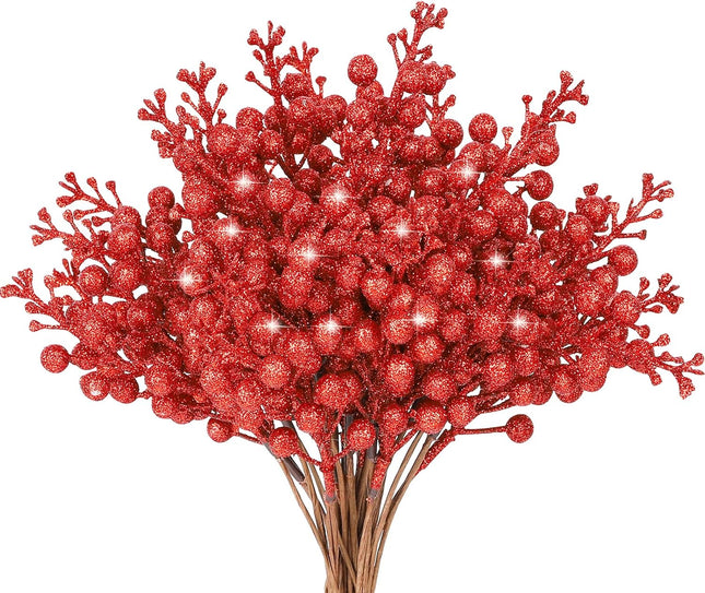 HOHOTIME 36Pcs Christmas Glitter Berries Stems, 9.5 Inch Artificial Christmas Tree Picks for Christmas Tree Decorations Ornaments DIY Crafts Vases Holiday Wedding Home Xmas Decor（Red
