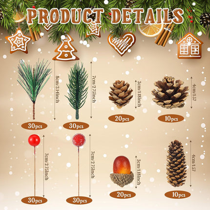 Zeyune 180 Pcs Christmas Pine Cones Holly Berry Craft Pine Branch Set Christmas Potpourri Bowl Filler Vase Filler Wreath Decorations Frost Berry Assorted for DIY Home Tree (Natural,Pine Cone)